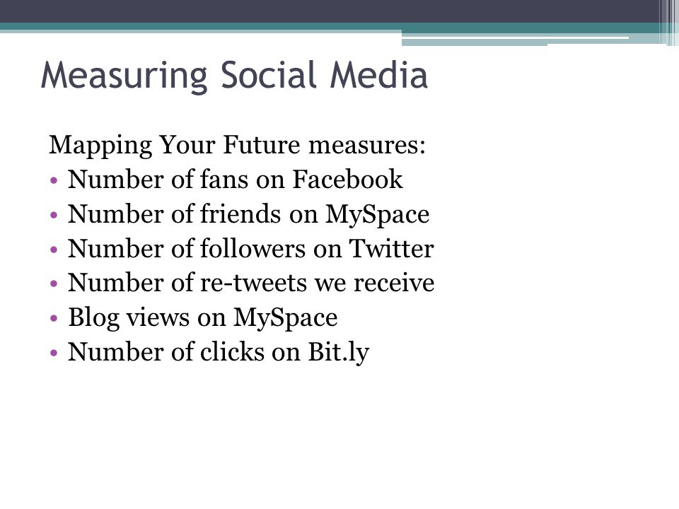 Measuring Social Media Mapping Your Future measures: Number of fans on Facebook Number of friends on MySpace Number of followers on Twitter Number of re-tweets we receive Blog views on MySpace Number of clicks on Bit.ly