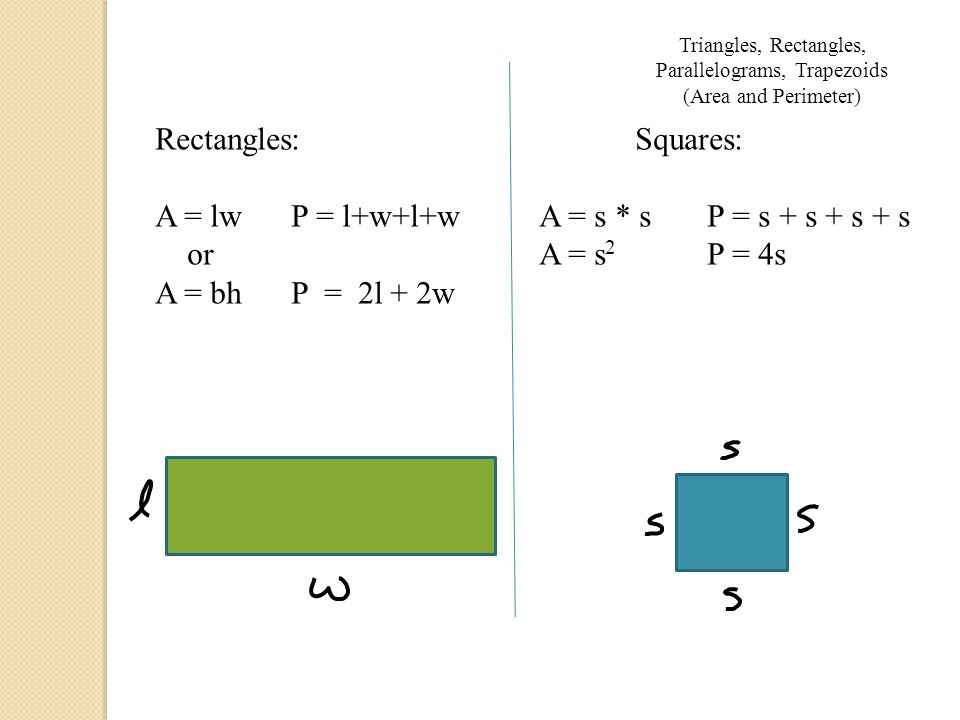 Rectangles:Squares: A = lw P = l+w+l+wA = s * s P = s + s + s + s or A = s 2 P = 4s A = bh P = 2l + 2w Triangles, Rectangles, Parallelograms, Trapezoids (Area and Perimeter)