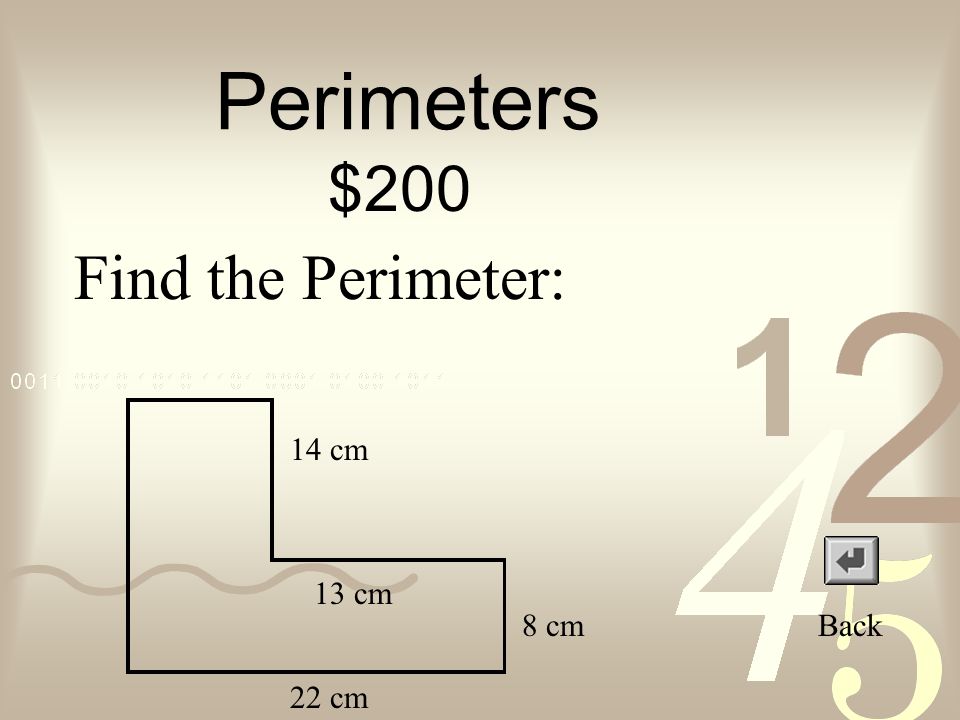 Perimeters and such… $100 Back 80 cm 98.3 cm 67 cm