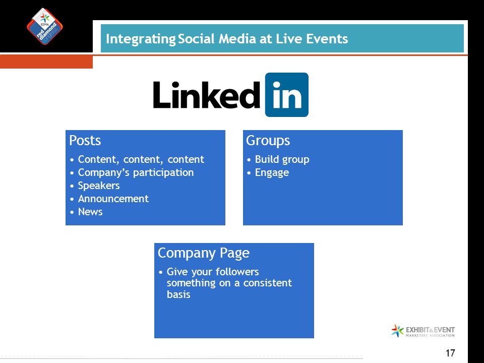 Integrating Social Media at Live Events Posts Content, content, content Company’s participation Speakers Announcement News Groups Build group Engage Company Page Give your followers something on a consistent basis 17