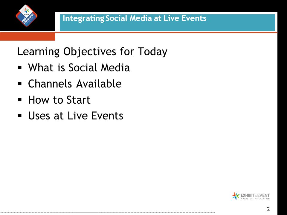 2 Learning Objectives for Today  What is Social Media  Channels Available  How to Start  Uses at Live Events Integrating Social Media at Live Events