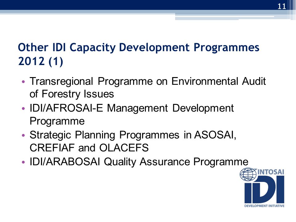 Other IDI Capacity Development Programmes 2012 (1) Transregional Programme on Environmental Audit of Forestry Issues IDI/AFROSAI-E Management Development Programme Strategic Planning Programmes in ASOSAI, CREFIAF and OLACEFS IDI/ARABOSAI Quality Assurance Programme 11