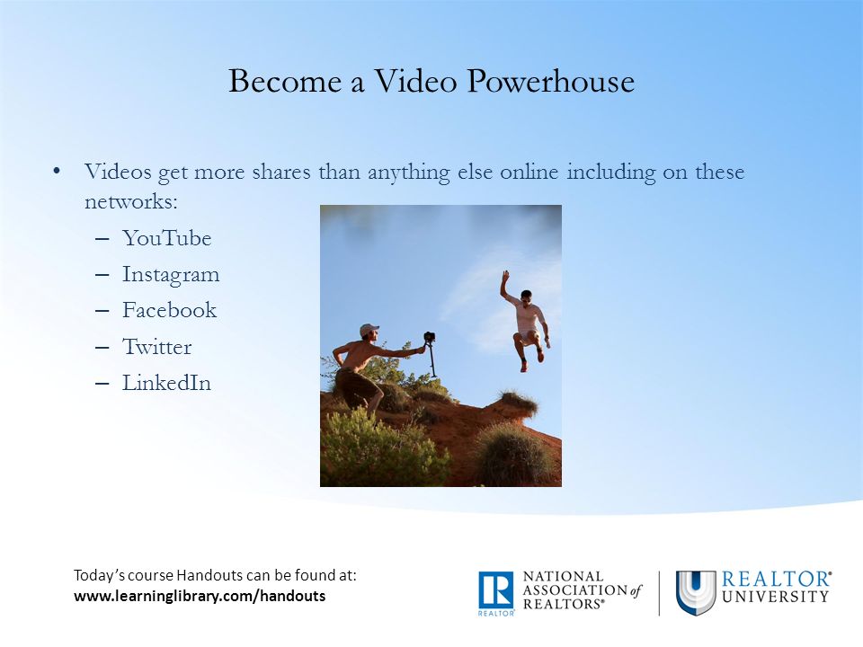 Today’s course Handouts can be found at:   Become a Video Powerhouse Videos get more shares than anything else online including on these networks: – YouTube – Instagram – Facebook – Twitter – LinkedIn