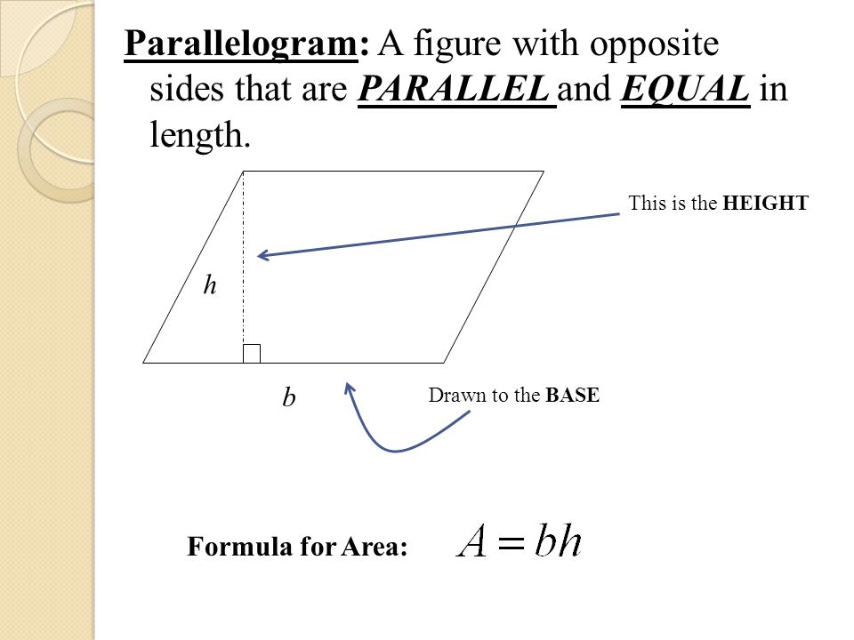 Parallelogram: A figure with opposite sides that are PARALLEL and EQUAL in length.