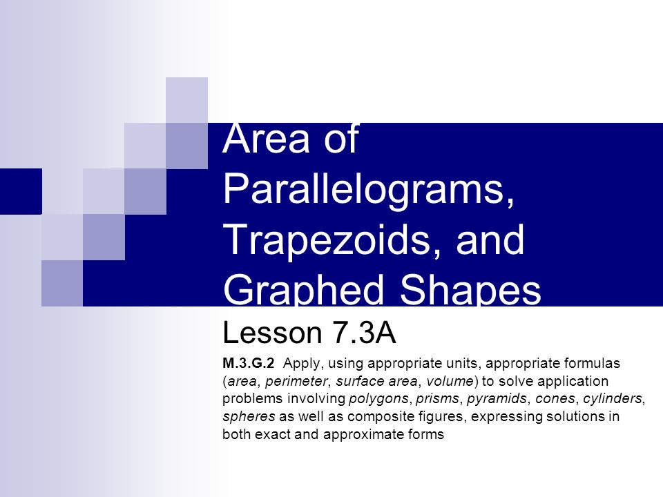 Area of Parallelograms, Trapezoids, and Graphed Shapes Lesson 7.3A M.3.G.2 Apply, using appropriate units, appropriate formulas (area, perimeter, surface area, volume) to solve application problems involving polygons, prisms, pyramids, cones, cylinders, spheres as well as composite figures, expressing solutions in both exact and approximate forms