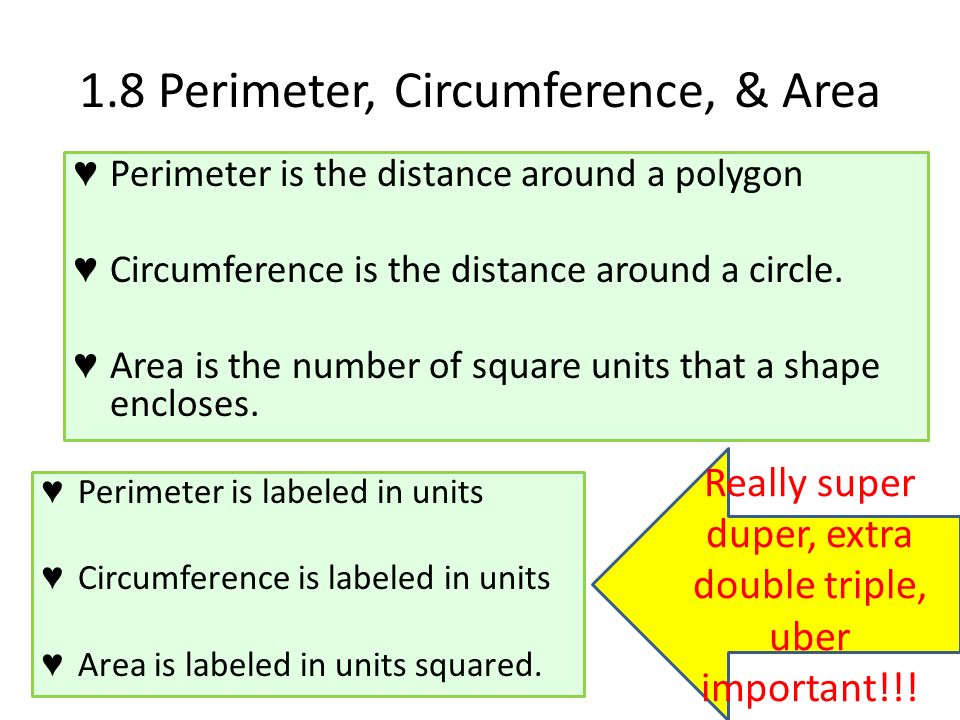 1.8 Perimeter, Circumference, & Area ♥ Perimeter is the distance around a polygon ♥ Circumference is the distance around a circle.