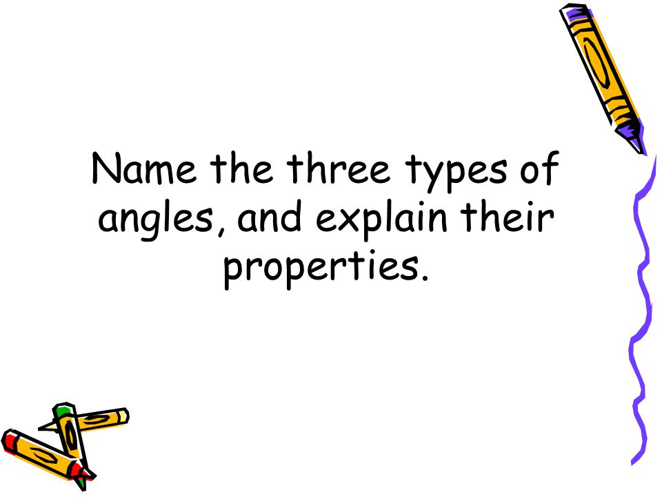 Name the three types of angles, and explain their properties.