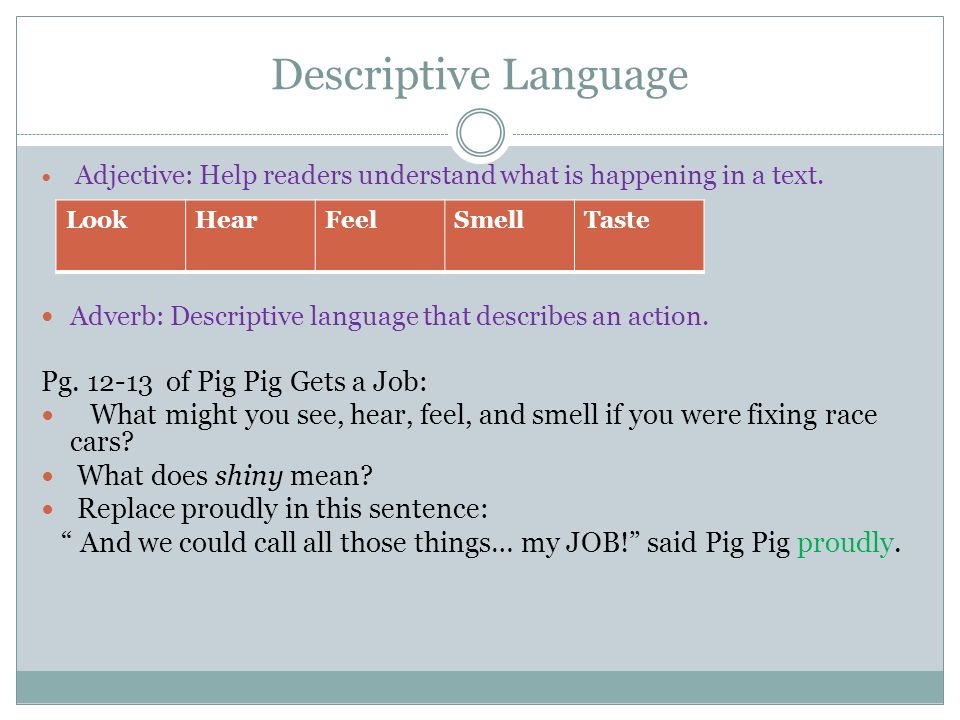 Descriptive Language Adjective: Help readers understand what is happening in a text.