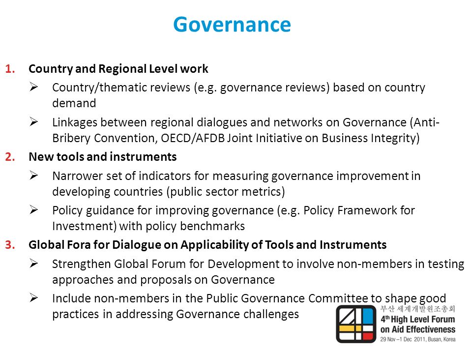 Governance 1.Country and Regional Level work  Country/thematic reviews (e.g.