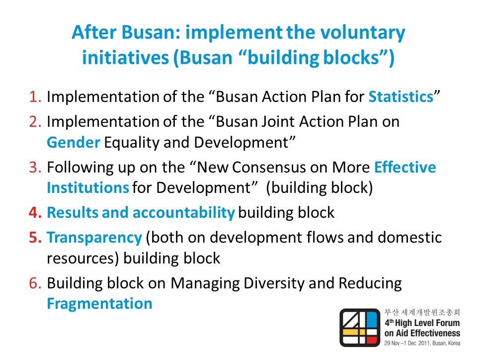 After Busan: implement the voluntary initiatives (Busan building blocks ) 1.Implementation of the Busan Action Plan for Statistics 2.Implementation of the Busan Joint Action Plan on Gender Equality and Development 3.Following up on the New Consensus on More Effective Institutions for Development (building block) 4.Results and accountability building block 5.Transparency (both on development flows and domestic resources) building block 6.Building block on Managing Diversity and Reducing Fragmentation