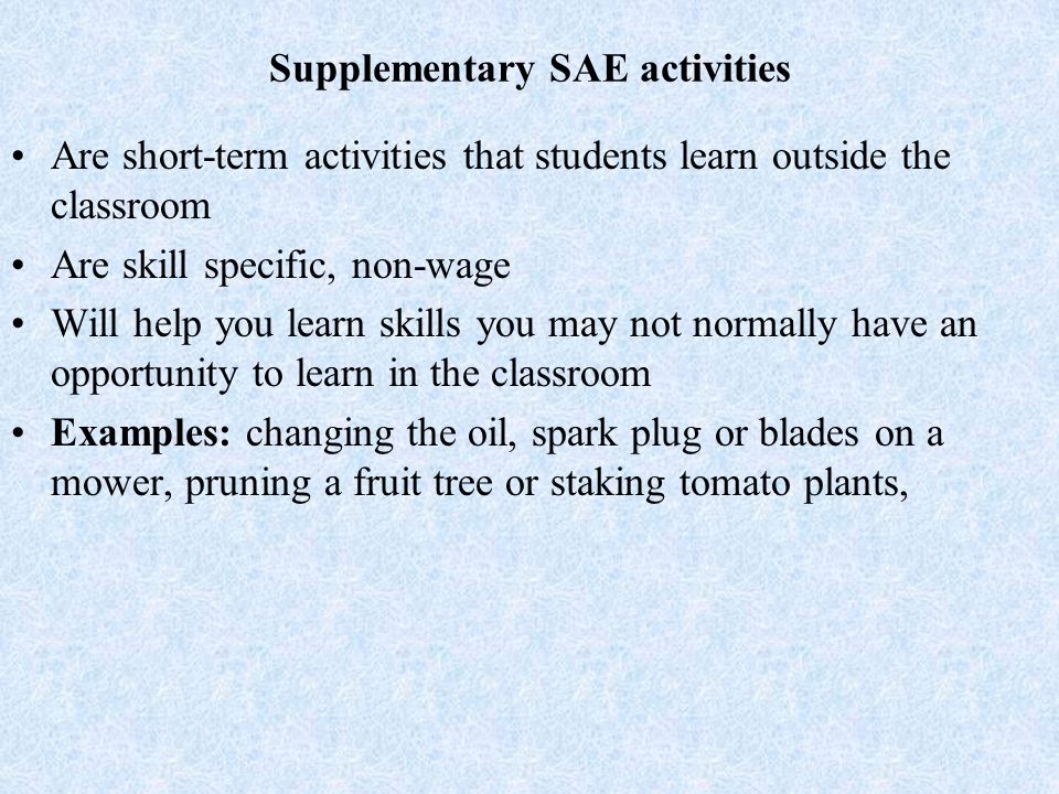 Supplementary SAE activities Are short-term activities that students learn outside the classroom Are skill specific, non-wage Will help you learn skills you may not normally have an opportunity to learn in the classroom Examples: changing the oil, spark plug or blades on a mower, pruning a fruit tree or staking tomato plants,