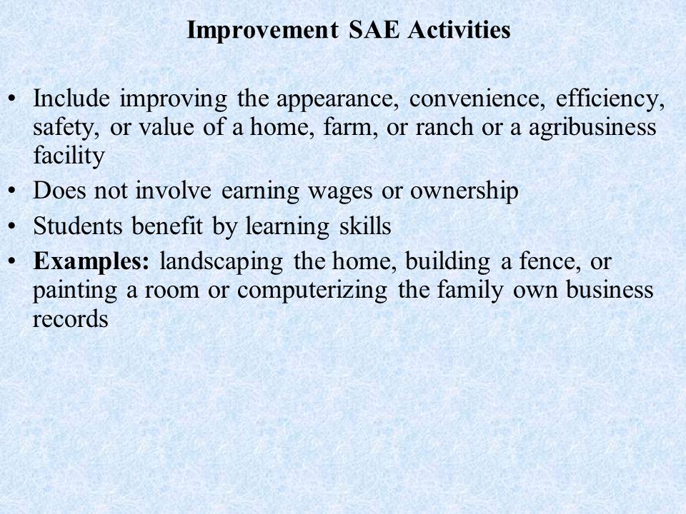 Improvement SAE Activities Include improving the appearance, convenience, efficiency, safety, or value of a home, farm, or ranch or a agribusiness facility Does not involve earning wages or ownership Students benefit by learning skills Examples: landscaping the home, building a fence, or painting a room or computerizing the family own business records