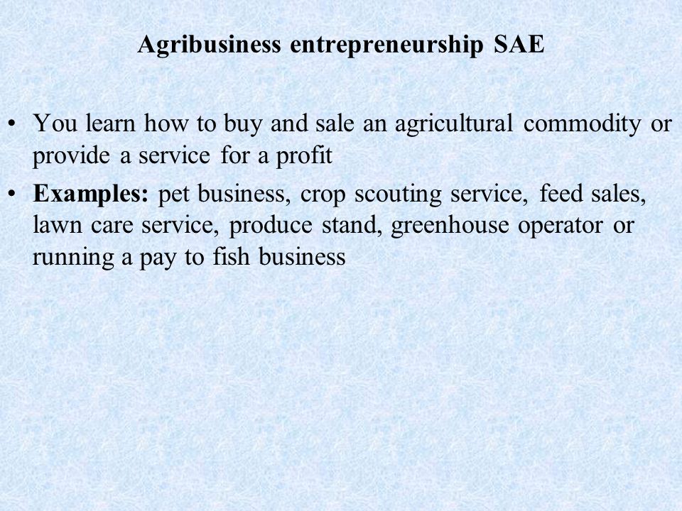 Agribusiness entrepreneurship SAE You learn how to buy and sale an agricultural commodity or provide a service for a profit Examples: pet business, crop scouting service, feed sales, lawn care service, produce stand, greenhouse operator or running a pay to fish business