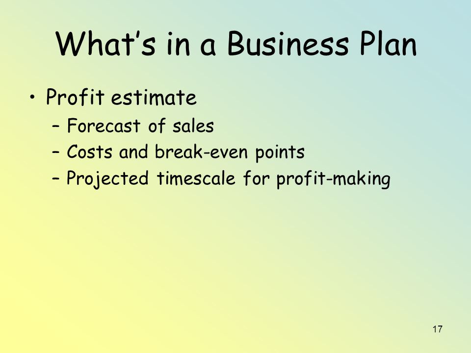 17 What’s in a Business Plan Profit estimate –Forecast of sales –Costs and break-even points –Projected timescale for profit-making