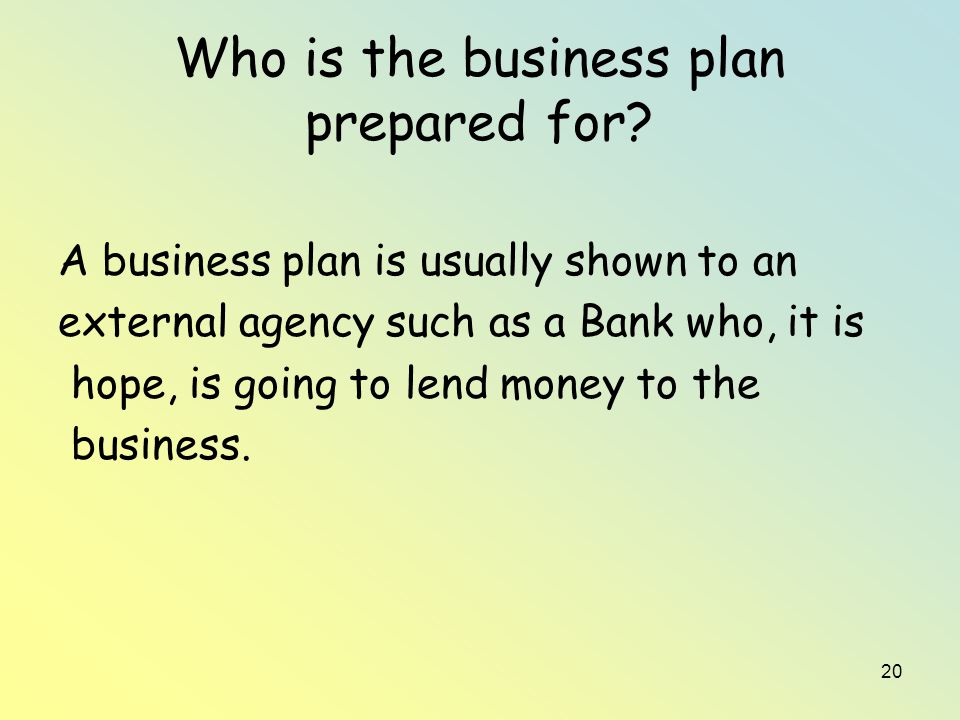 20 Who is the business plan prepared for.