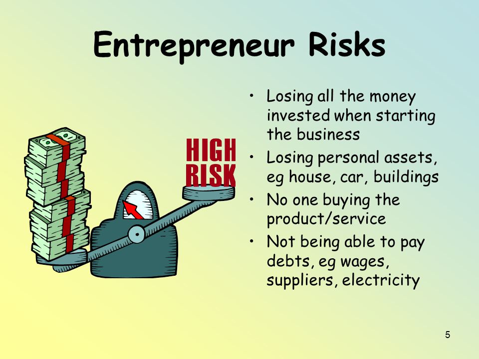 5 Entrepreneur Risks Losing all the money invested when starting the business Losing personal assets, eg house, car, buildings No one buying the product/service Not being able to pay debts, eg wages, suppliers, electricity