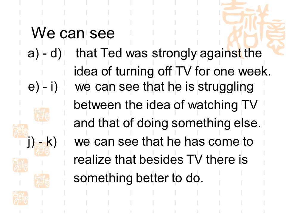 We can see a) - d) that Ted was strongly against the idea of turning off TV for one week.