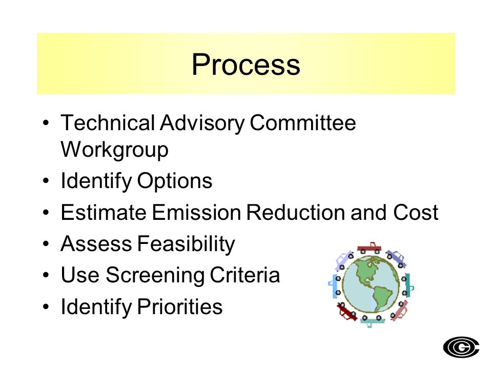 Technical Advisory Committee Workgroup Identify Options Estimate Emission Reduction and Cost Assess Feasibility Use Screening Criteria Identify Priorities Process