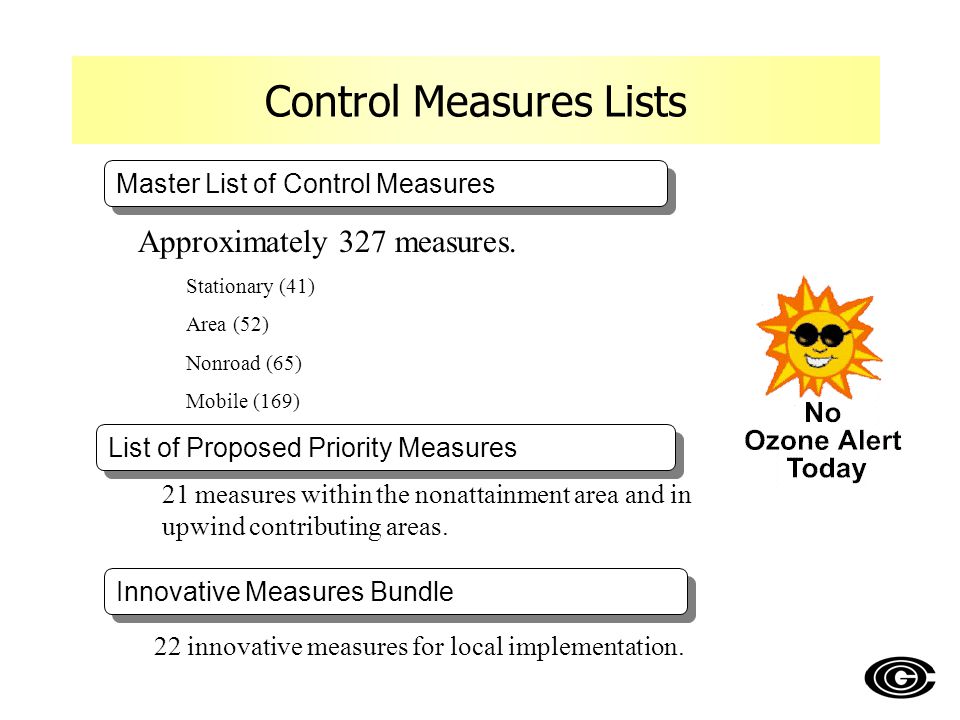 Control Measures Lists Master List of Control Measures List of Proposed Priority Measures Innovative Measures Bundle Approximately 327 measures.