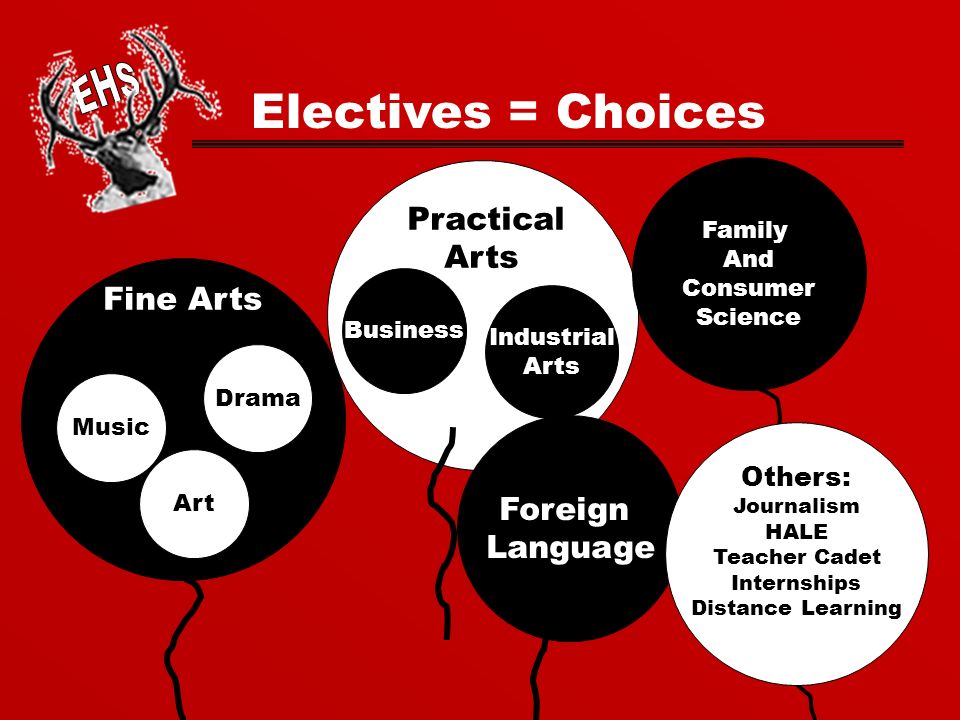 Electives = Choices Fine Arts Music Art Drama Practical Arts Business Industrial Arts Foreign Language Family And Consumer Science Others: Journalism HALE Teacher Cadet Internships Distance Learning