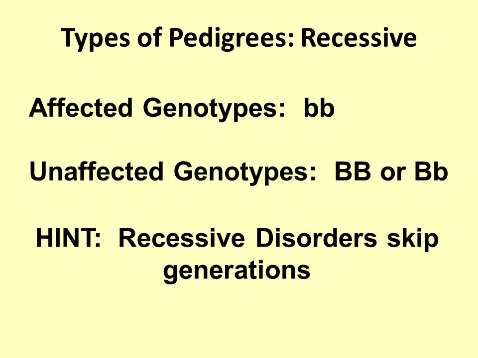 Types of Pedigrees: Recessive Affected Genotypes: bb Unaffected Genotypes: BB or Bb HINT: Recessive Disorders skip generations
