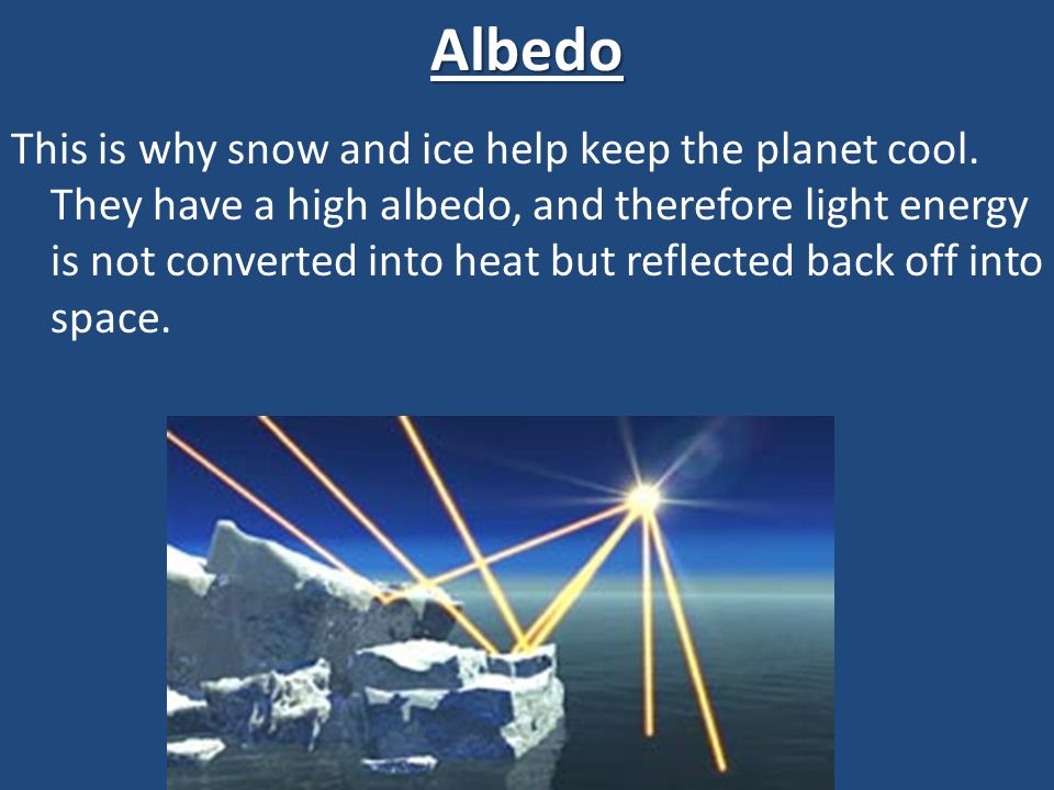 Albedo This is why snow and ice help keep the planet cool.