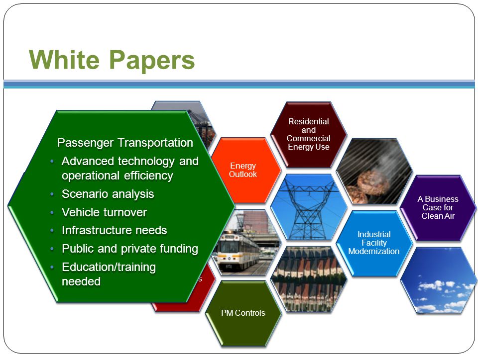 White Papers Passenger Transportation 21st Century Goods Movement System and Air Quality Preface to White Papers Energy Outlook Residential and Commercial Energy Use Industrial Facility Modernization VOC Controls PM Controls A Business Case for Clean Air Passenger Transportation Advanced technology and operational efficiency Scenario analysis Vehicle turnover Infrastructure needs Public and private funding Education/training needed Passenger Transportation Advanced technology and operational efficiency Scenario analysis Vehicle turnover Infrastructure needs Public and private funding Education/training needed