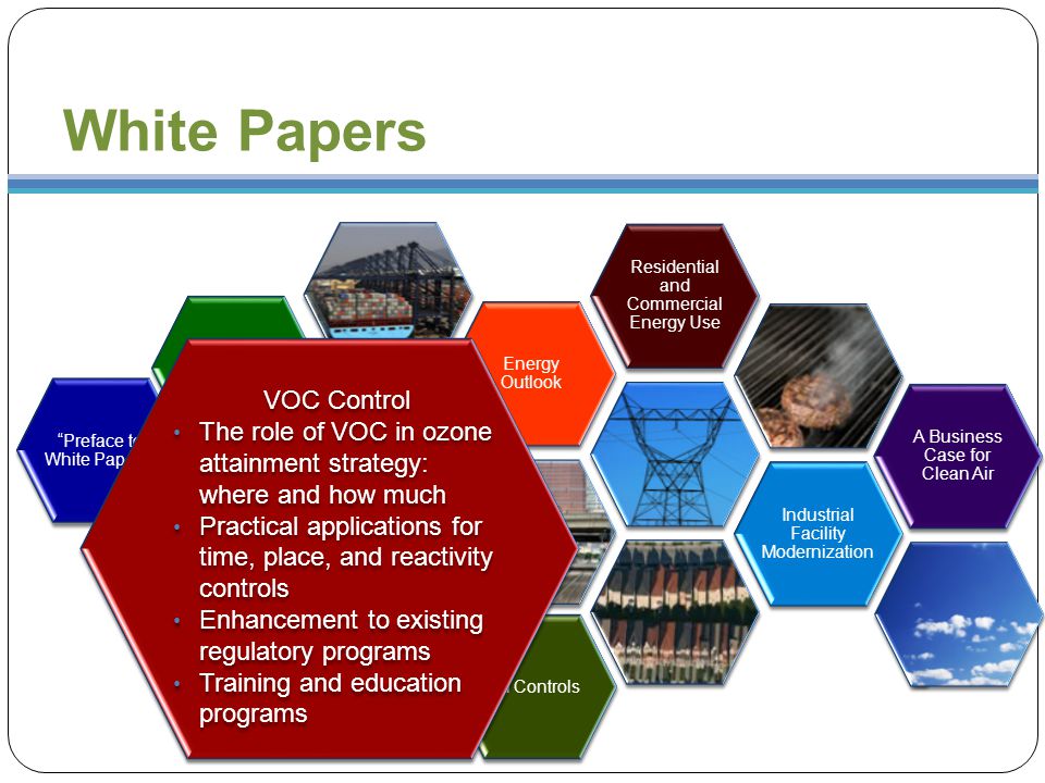 White Papers VOC Controls Energy Outlook Passenger Transportation 21st Century Goods Movement System and Air Quality Preface to White Papers Residential and Commercial Energy Use Industrial Facility Modernization PM Controls A Business Case for Clean Air VOC Control The role of VOC in ozone attainment strategy: where and how much Practical applications for time, place, and reactivity controls Enhancement to existing regulatory programs Training and education programs VOC Control The role of VOC in ozone attainment strategy: where and how much Practical applications for time, place, and reactivity controls Enhancement to existing regulatory programs Training and education programs