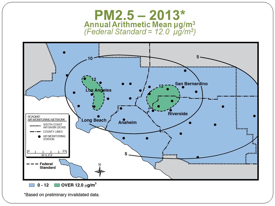 PM2.5 – 2013* Annual Arithmetic Mean μg/m 3 (Federal Standard = 12.0 μg/m 3 )