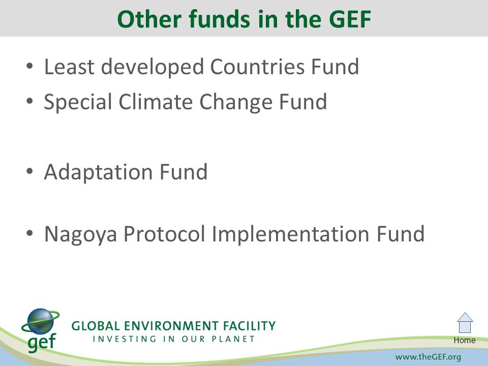 Home Least developed Countries Fund Special Climate Change Fund Adaptation Fund Nagoya Protocol Implementation Fund Other funds in the GEF