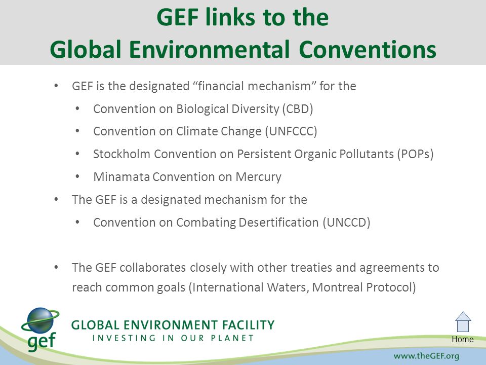Home GEF is the designated financial mechanism for the Convention on Biological Diversity (CBD) Convention on Climate Change (UNFCCC) Stockholm Convention on Persistent Organic Pollutants (POPs) Minamata Convention on Mercury The GEF is a designated mechanism for the Convention on Combating Desertification (UNCCD) The GEF collaborates closely with other treaties and agreements to reach common goals (International Waters, Montreal Protocol) GEF links to the Global Environmental Conventions