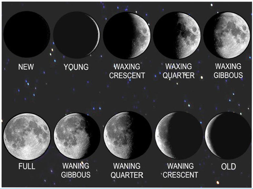 Moon Phase Names 1 = New Moon 2 = First Crescent 3 = First Quarter 4 = First Gibbous 5 = Full Moon 6 = Last Gibbous 7 = Last Quarter 8 = Last Crescent