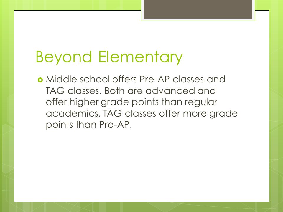Beyond Elementary  Middle school offers Pre-AP classes and TAG classes.
