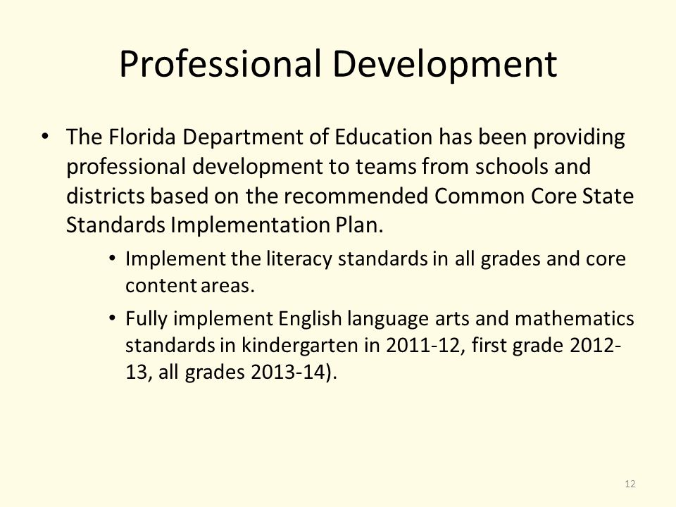 Professional Development The Florida Department of Education has been providing professional development to teams from schools and districts based on the recommended Common Core State Standards Implementation Plan.