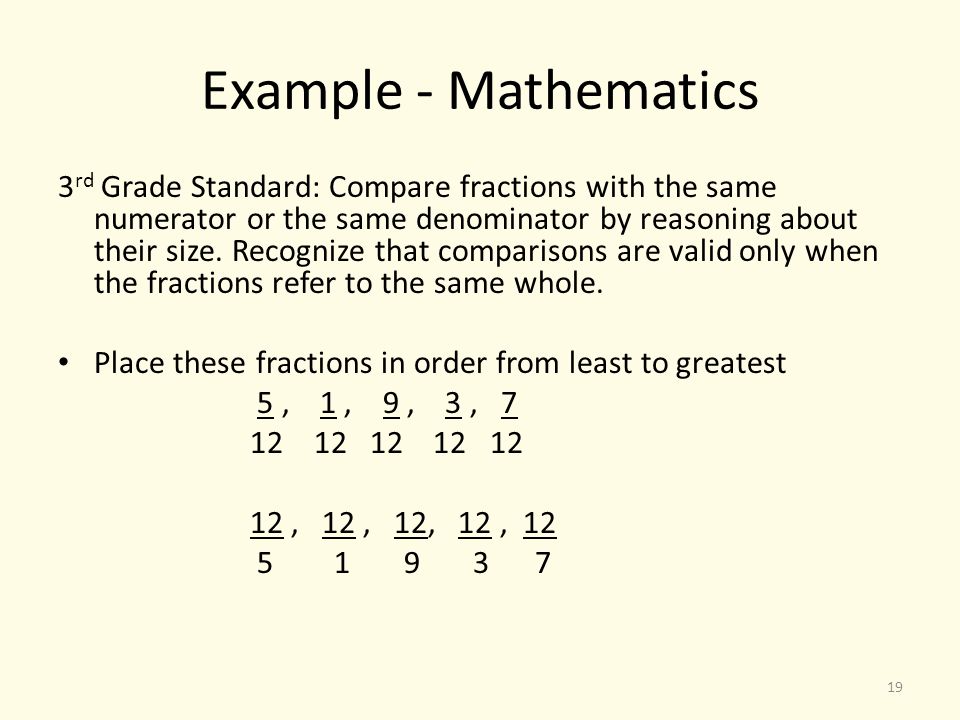 Example - Mathematics 3 rd Grade Standard: Compare fractions with the same numerator or the same denominator by reasoning about their size.