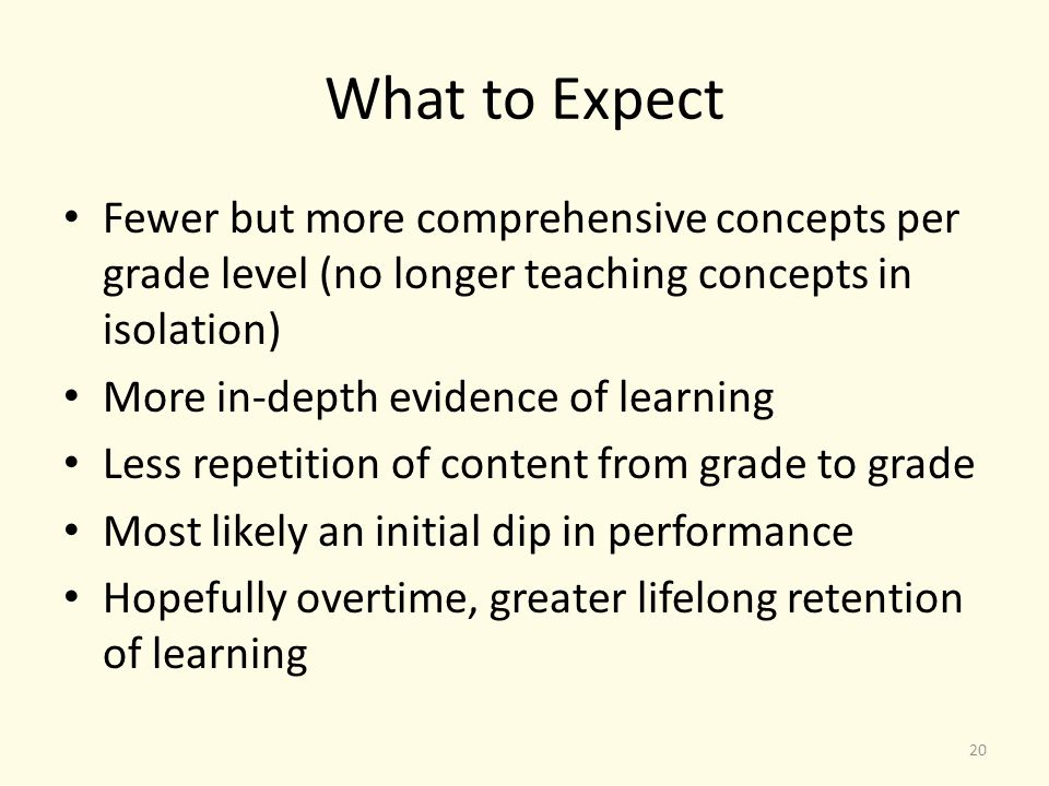 What to Expect Fewer but more comprehensive concepts per grade level (no longer teaching concepts in isolation) More in-depth evidence of learning Less repetition of content from grade to grade Most likely an initial dip in performance Hopefully overtime, greater lifelong retention of learning 20