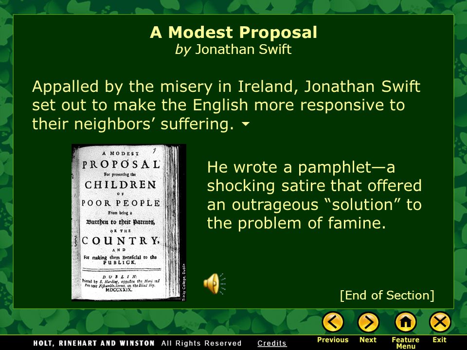 irony in jonathan swifts a modest proposal Swifts 'a modest proposal' is considered to be one of the most effective pieces of satirical writing ever in 'a modest proposal' swift uses a lot of irony in his. irony in jonathan swifts a modest proposal Swifts 'a modest proposal' is considered to be one of the most effective pieces of satirical writing ever in 'a modest proposal' swift uses a lot of irony in his.