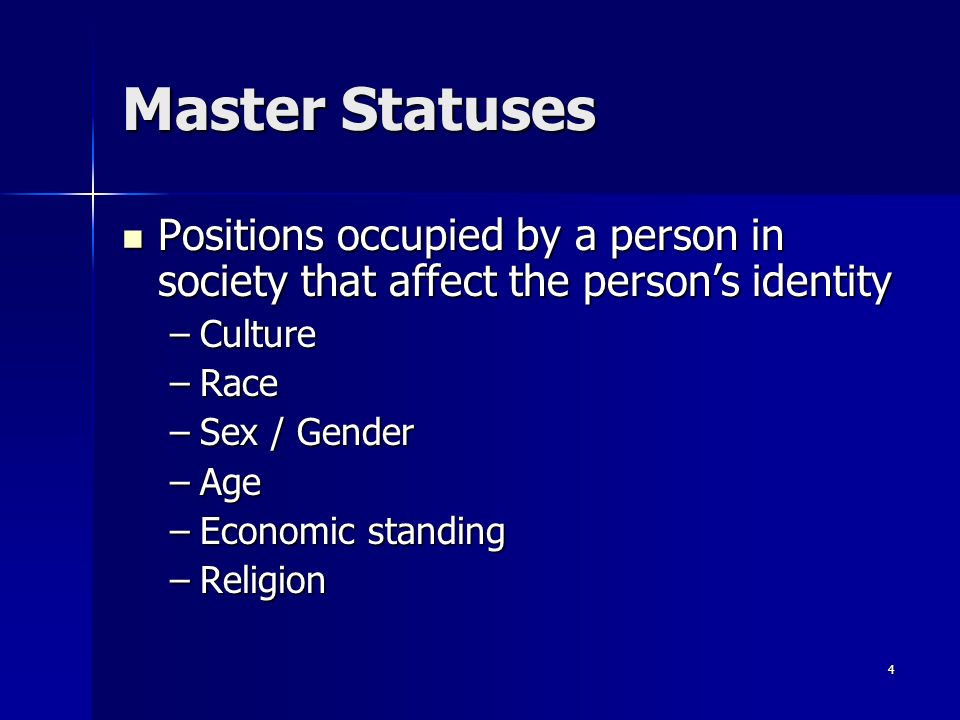 4 Master Statuses Positions occupied by a person in society that affect the person’s identity Positions occupied by a person in society that affect the person’s identity –Culture –Race –Sex / Gender –Age –Economic standing –Religion