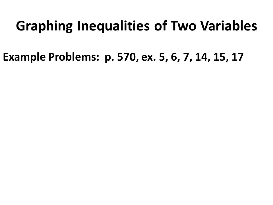 Graphing Inequalities of Two Variables Example Problems: p. 570, ex. 5, 6, 7, 14, 15, 17