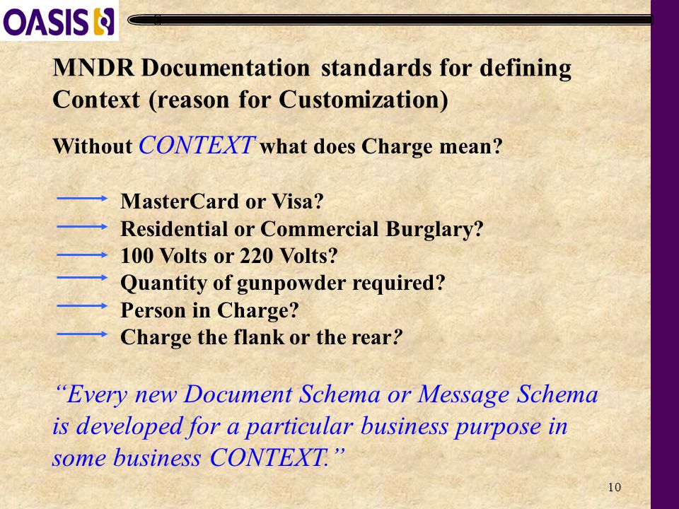 10 MNDR Documentation standards for defining Context (reason for Customization) Without CONTEXT what does Charge mean.