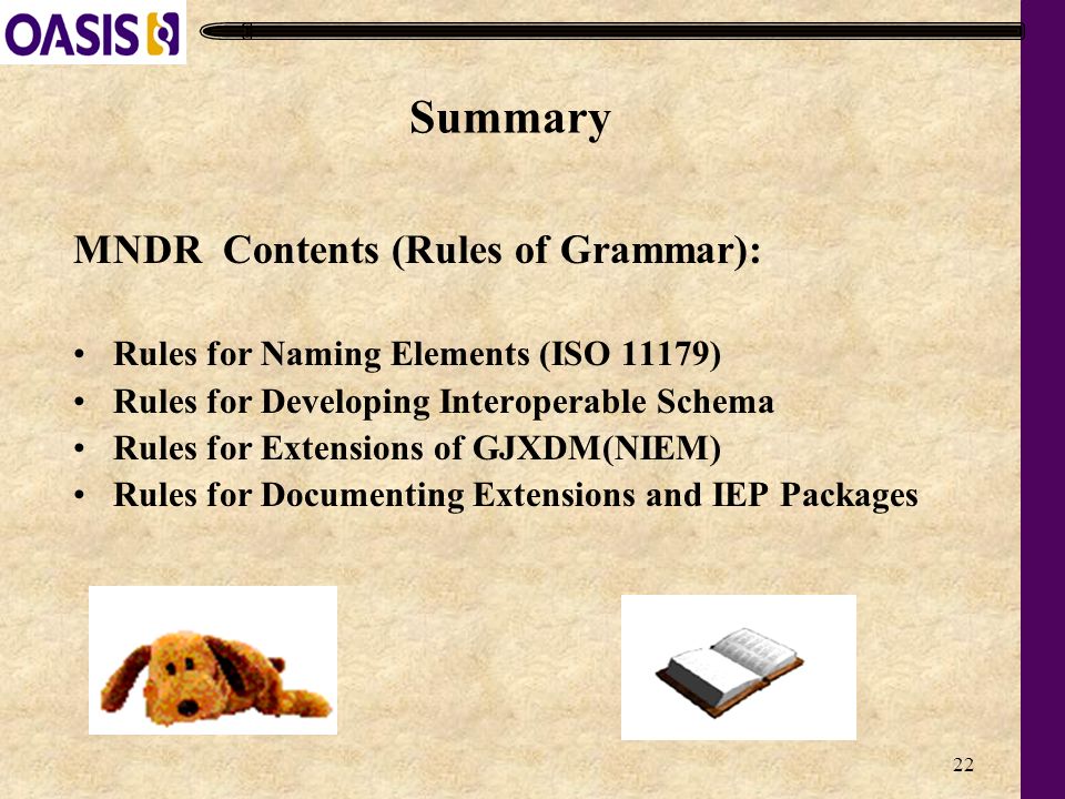 22 MNDR Contents (Rules of Grammar): Rules for Naming Elements (ISO 11179) Rules for Developing Interoperable Schema Rules for Extensions of GJXDM(NIEM) Rules for Documenting Extensions and IEP Packages Summary