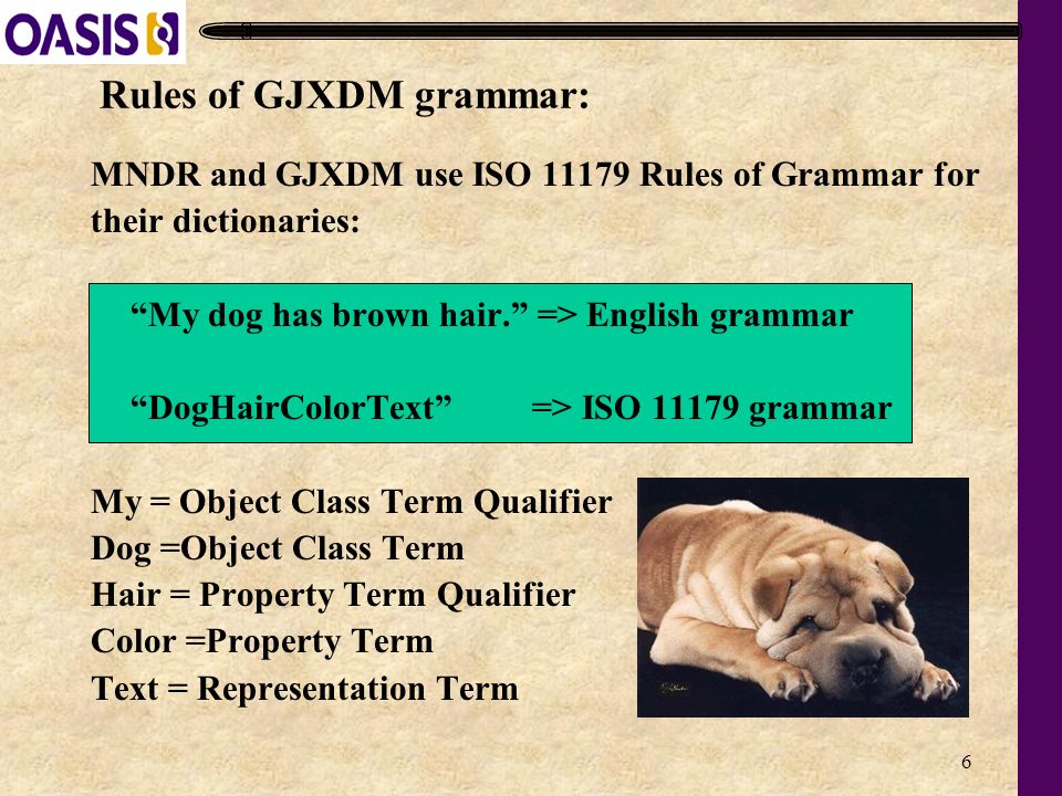6 Rules of GJXDM grammar: MNDR and GJXDM use ISO Rules of Grammar for their dictionaries: My dog has brown hair. => English grammar DogHairColorText => ISO grammar My = Object Class Term Qualifier Dog =Object Class Term Hair = Property Term Qualifier Color =Property Term Text = Representation Term
