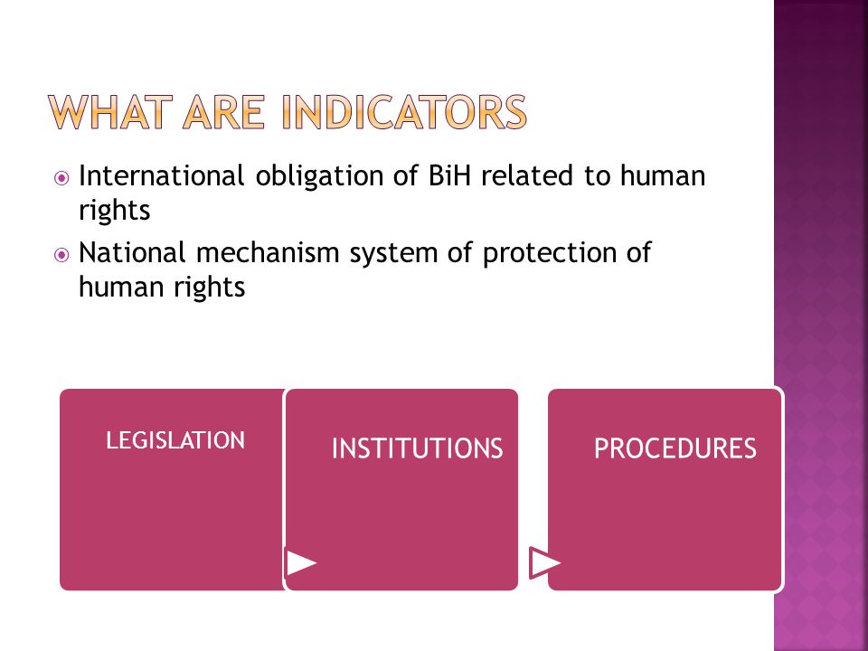  International obligation of BiH related to human rights  National mechanism system of protection of human rights LEGISLATION INSTITUTIONSPROCEDURES