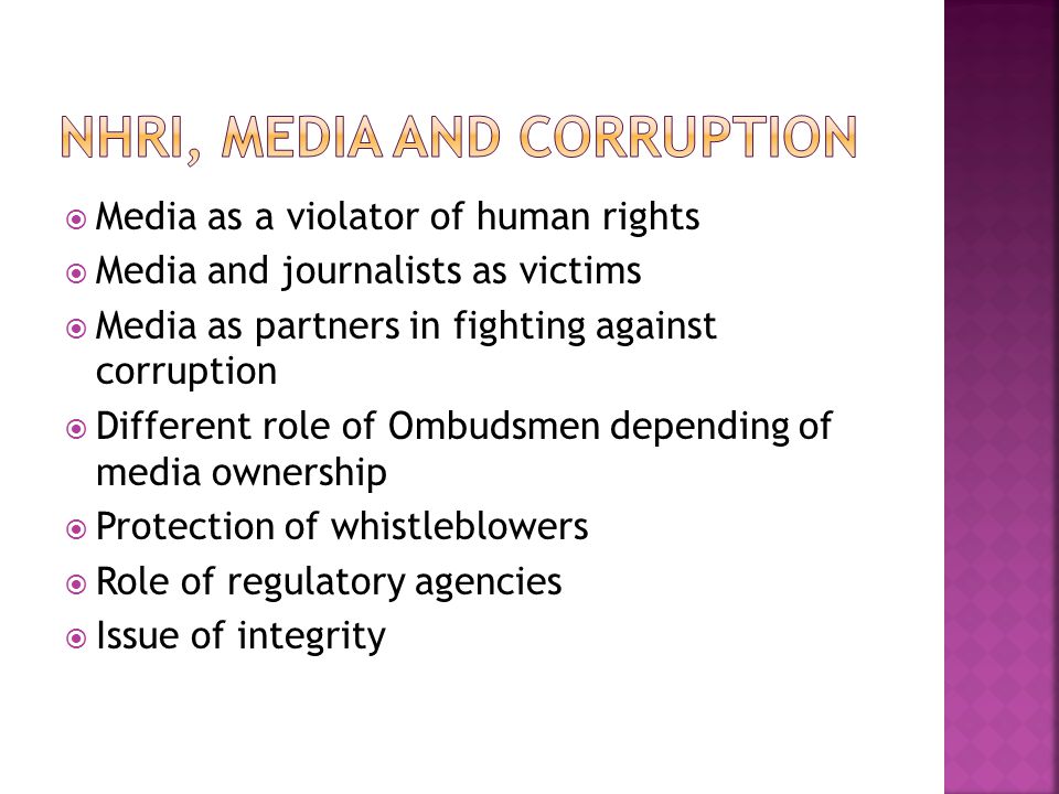  Media as a violator of human rights  Media and journalists as victims  Media as partners in fighting against corruption  Different role of Ombudsmen depending of media ownership  Protection of whistleblowers  Role of regulatory agencies  Issue of integrity