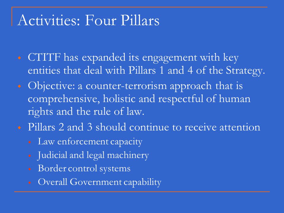 Activities: Four Pillars  CTITF has expanded its engagement with key entities that deal with Pillars 1 and 4 of the Strategy.