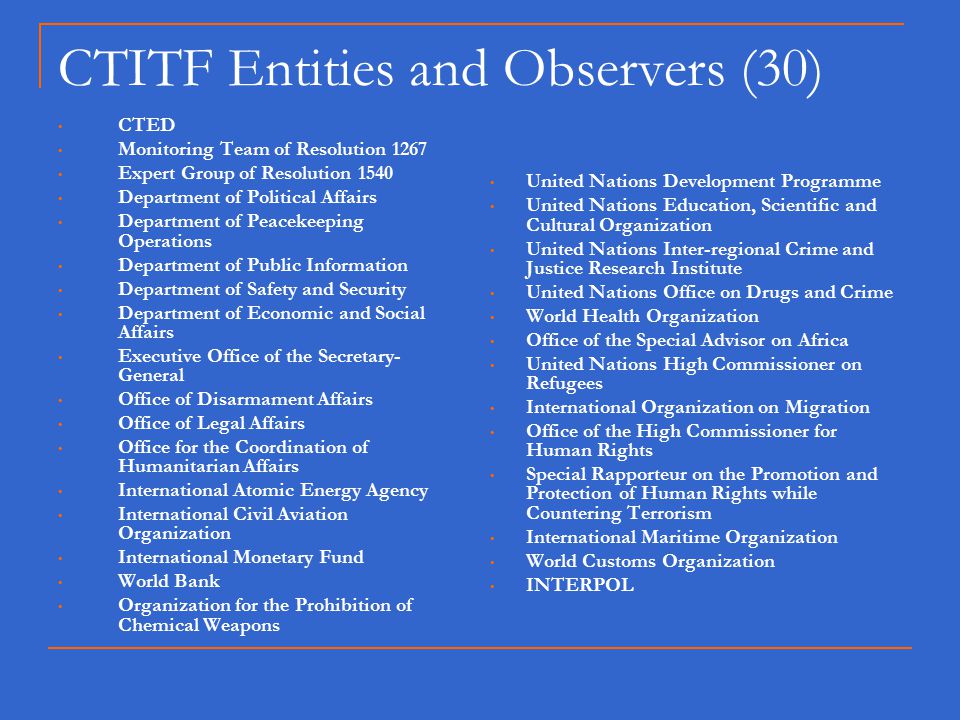 CTITF Entities and Observers (30) CTED Monitoring Team of Resolution 1267 Expert Group of Resolution 1540 Department of Political Affairs Department of Peacekeeping Operations Department of Public Information Department of Safety and Security Department of Economic and Social Affairs Executive Office of the Secretary- General Office of Disarmament Affairs Office of Legal Affairs Office for the Coordination of Humanitarian Affairs International Atomic Energy Agency International Civil Aviation Organization International Monetary Fund World Bank Organization for the Prohibition of Chemical Weapons United Nations Development Programme United Nations Education, Scientific and Cultural Organization United Nations Inter-regional Crime and Justice Research Institute United Nations Office on Drugs and Crime World Health Organization Office of the Special Advisor on Africa United Nations High Commissioner on Refugees International Organization on Migration Office of the High Commissioner for Human Rights Special Rapporteur on the Promotion and Protection of Human Rights while Countering Terrorism International Maritime Organization World Customs Organization INTERPOL