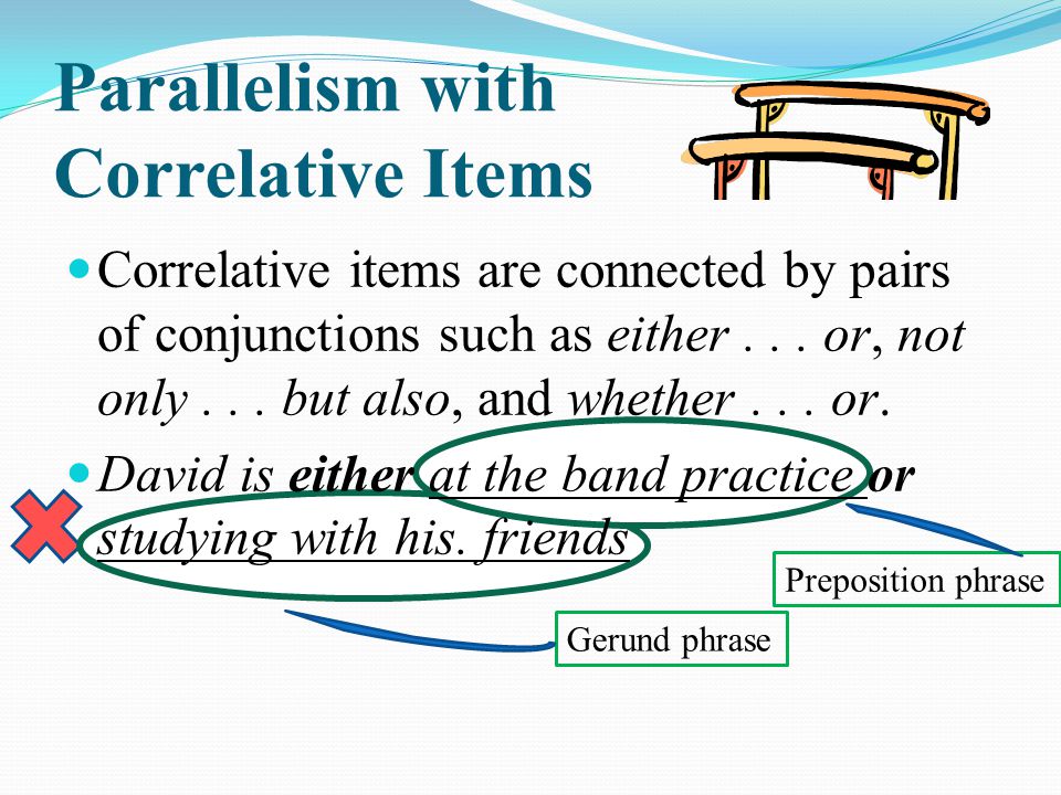 Parallelism with Correlative Items Gerund phrase Preposition phrase Correlative items are connected by pairs of conjunctions such as either...