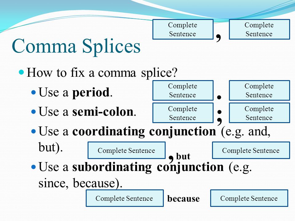 Comma Splices How to fix a comma splice. Use a period.
