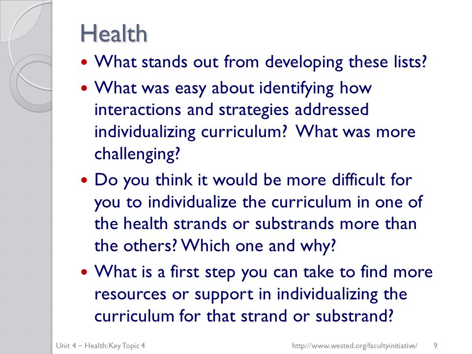 Health What stands out from developing these lists.