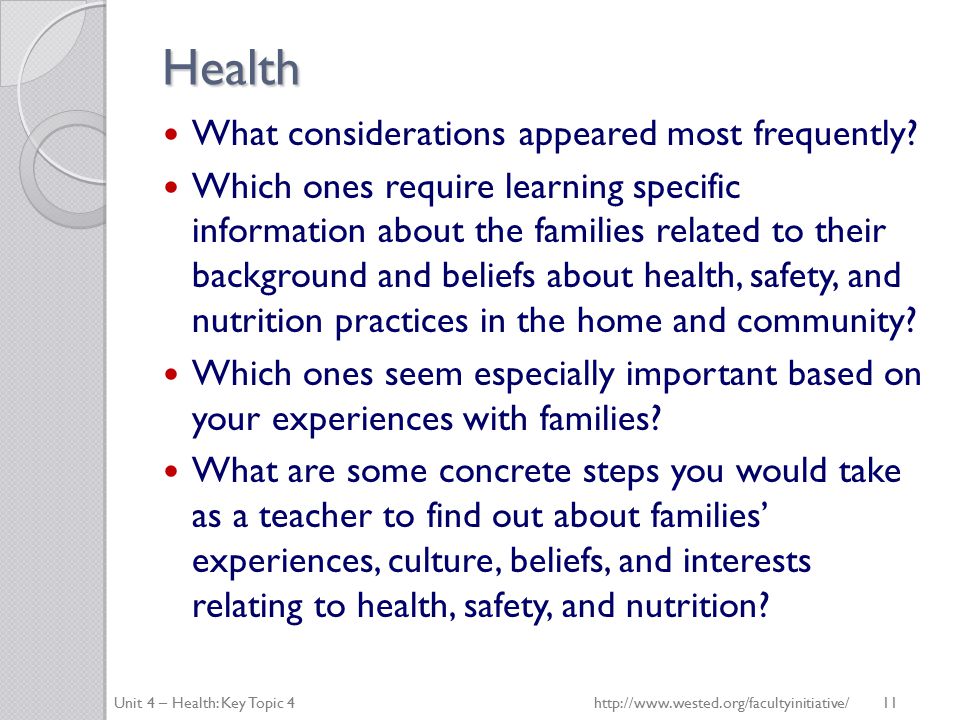 Health What considerations appeared most frequently.